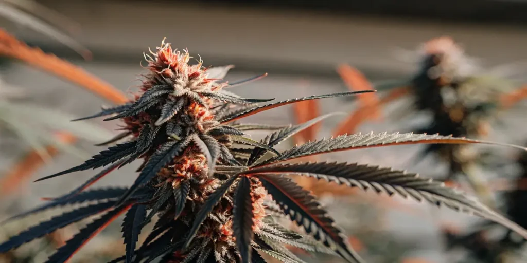 Close-up of Goji OG cannabis bud with deep red pistils and dark purple leaves.