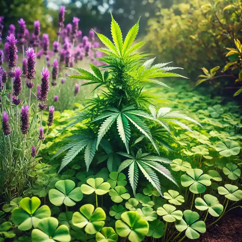 Marijuana plant growing alongside clover and lavender, demonstrating effective companion plants for marijuana to enhance growth and repel pests.