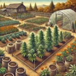 Outdoor cannabis garden with various plants, a greenhouse, and soil beds, illustrating an ideal setup for when to plant cannabis outside.