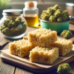 Freshly made cannabis-infused rice crispy treats on a wooden board, with cannabis buds and oil in the background, illustrating how to make cannabis rice crispy treats.