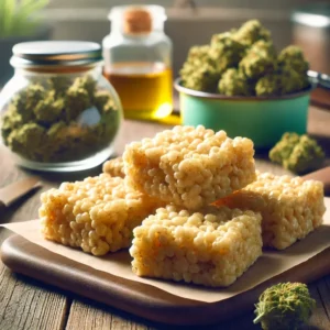 Freshly made cannabis-infused rice crispy treats on a wooden board, with cannabis buds and oil in the background, illustrating how to make cannabis rice crispy treats.