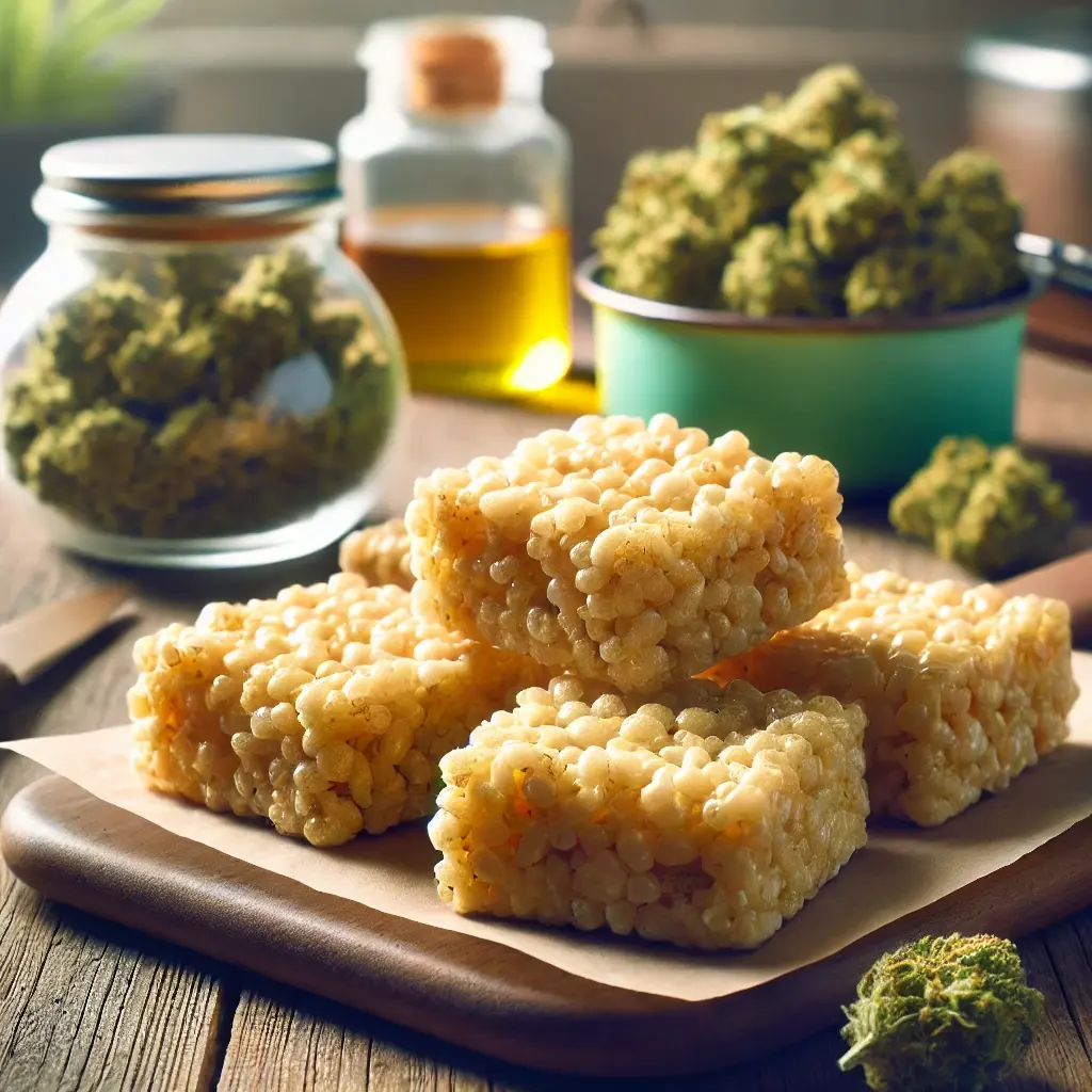 Freshly made cannabis-infused rice crispy treats on a wooden board, with cannabis buds and oil in the background, illustrating how to make cannabis rice crispy treats.