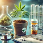 Potted cannabis plant labeled for medical use, surrounded by a stethoscope, prescription bottle, and lab equipment, emphasizing medical marijuana seeds.