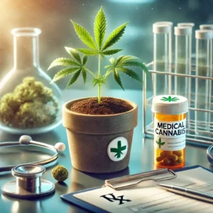 Potted cannabis plant labeled for medical use, surrounded by a stethoscope, prescription bottle, and lab equipment, emphasizing medical marijuana seeds.
