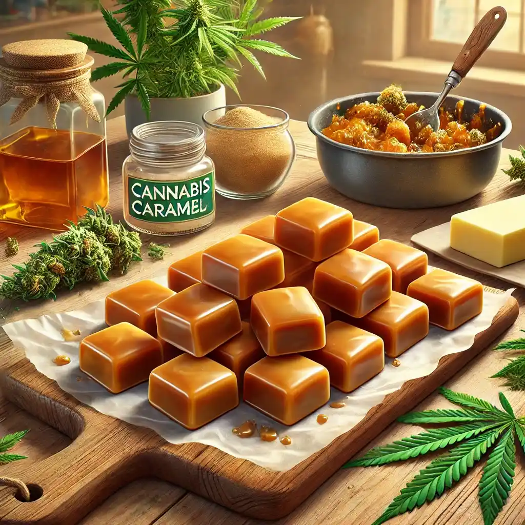 Homemade cannabis caramels arranged on a wooden board, surrounded by ingredients like cannabis buds, butter, and sugar for a cannabis caramel recipe.