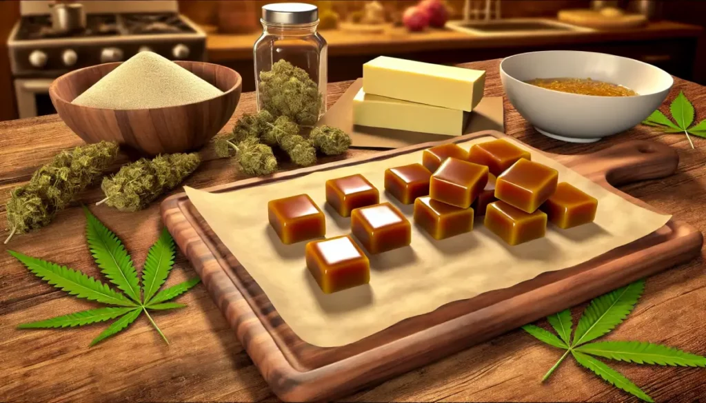 Cannabis caramels on parchment paper with ingredients such as cannabis buds, butter, and sugar displayed, illustrating a cannabis caramel recipe setup.