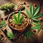 Granola bowl with cannabis leaves, nuts, and oats on a wooden table, showcasing a healthy blend of cannabis in granola.