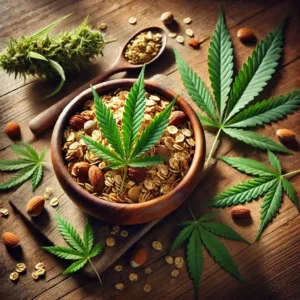 Granola bowl with cannabis leaves, nuts, and oats on a wooden table, showcasing a healthy blend of cannabis in granola.