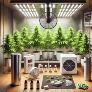 Indoor cannabis grow setup with ventilation systems and filters, showcasing effective methods for how to grow marijuana indoors without smell.