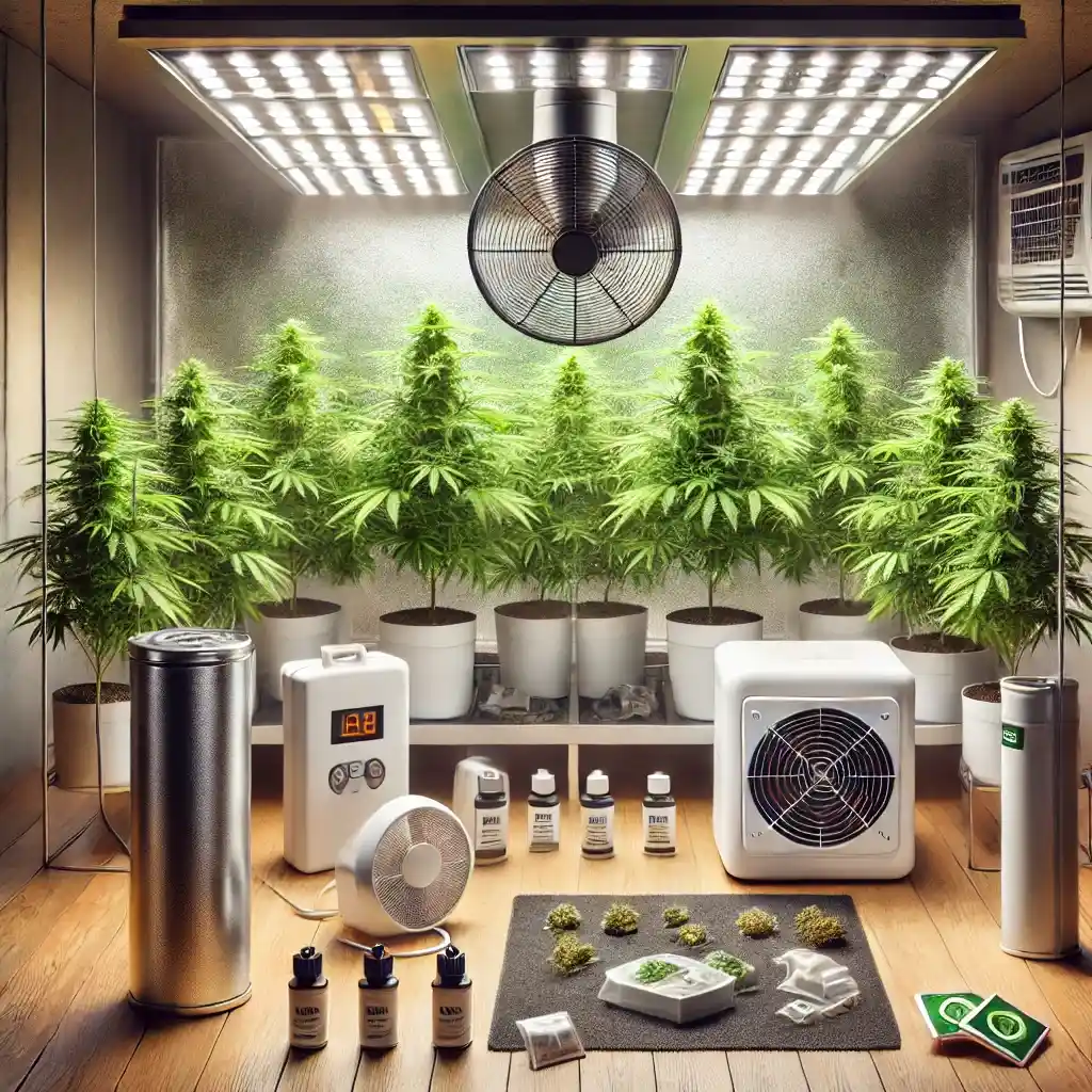 Indoor cannabis grow setup with ventilation systems and filters, showcasing effective methods for how to grow marijuana indoors without smell.