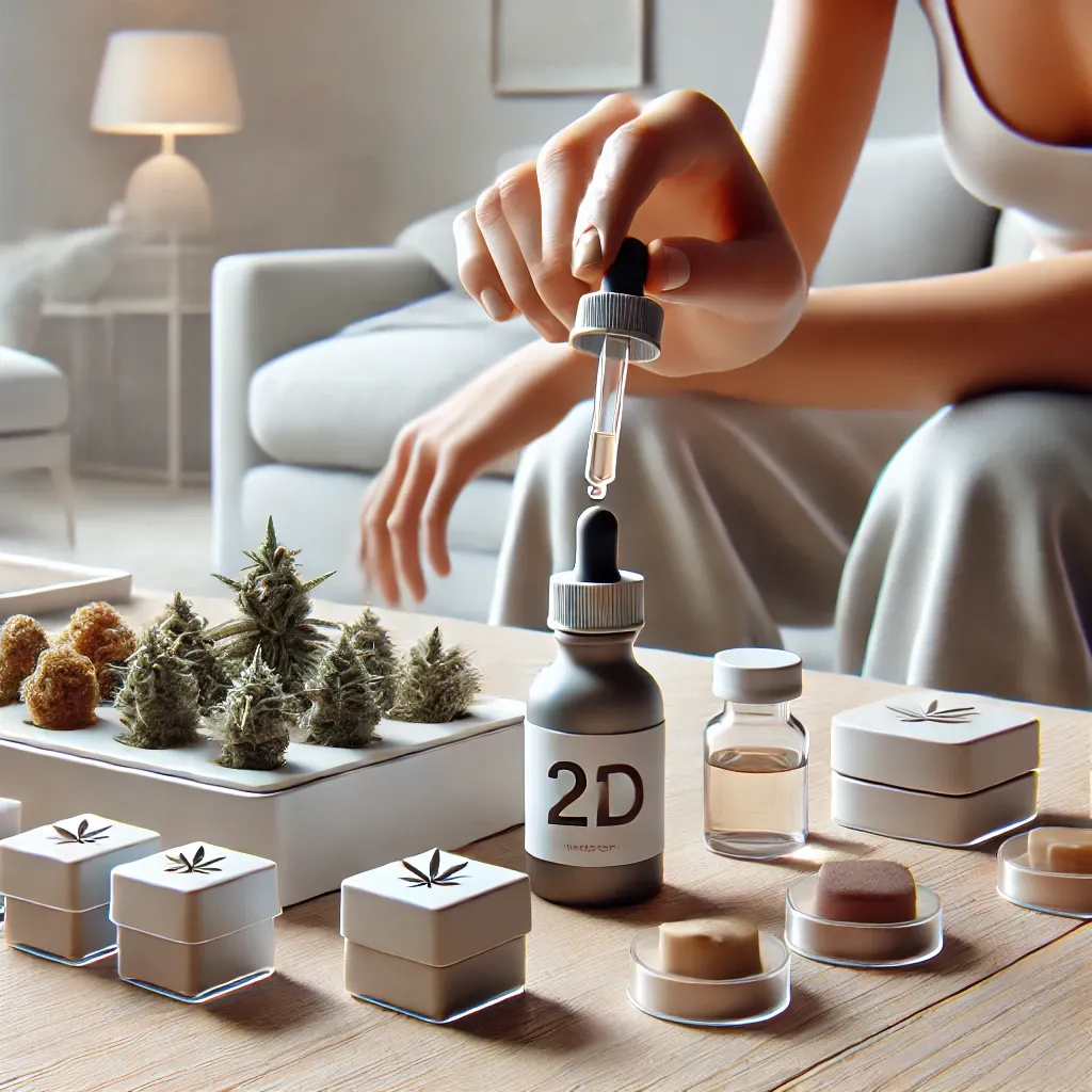 Person measuring cannabis oil with a dropper, surrounded by neatly arranged cannabis products, illustrating how to microdose weed effectively.