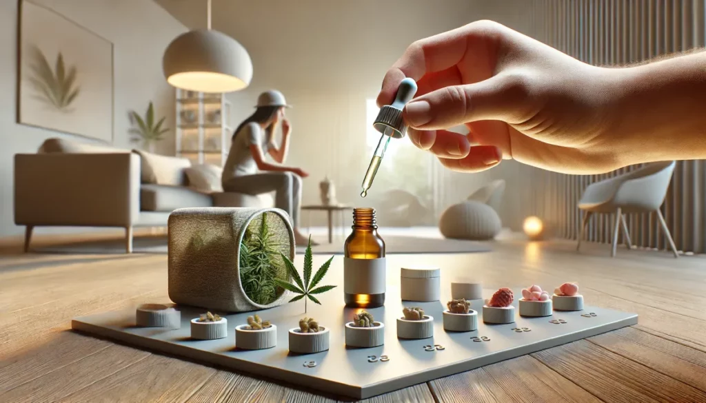 Hand holding a dropper with cannabis oil in a modern living space, demonstrating various methods on how to microdose weed with precision.