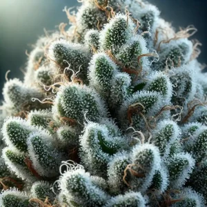 Close-up of marijuana trichomes, showcasing a frosty bud covered in dense, crystal-like structures, indicating potency and quality.
