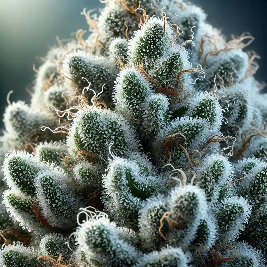 Close-up of marijuana trichomes, showcasing a frosty bud covered in dense, crystal-like structures, indicating potency and quality.