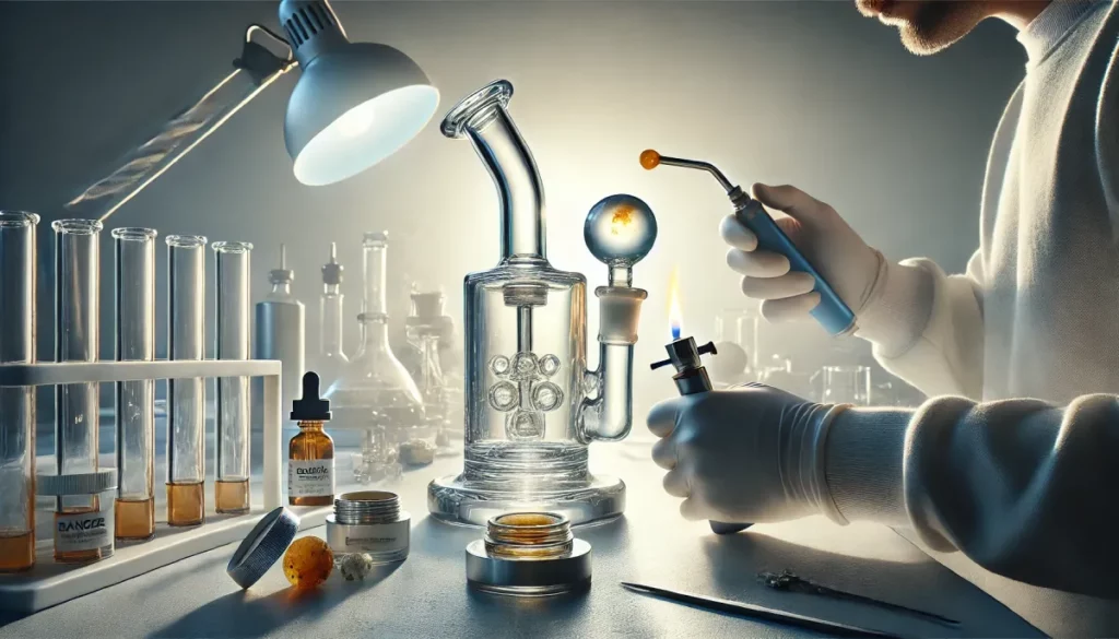 Laboratory setting with a banger rig, torch, and cannabis extracts, demonstrating the process and tools involved in using a banger rig.