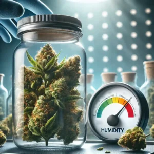 Curing cannabis buds in a sealed jar with a humidity gauge indicating optimal levels, ensuring freshness and potency.
