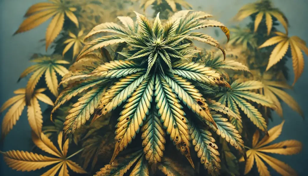 Cannabis Leaf Problems: Cannabis plant with multiple leaves exhibiting signs of stress, including yellowing, browning, and visible damage.