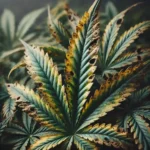 Cannabis Leaf Problems: Close-up of a cannabis leaf showing discoloration, yellowing edges, and holes, indicating nutrient deficiency or pest issues.