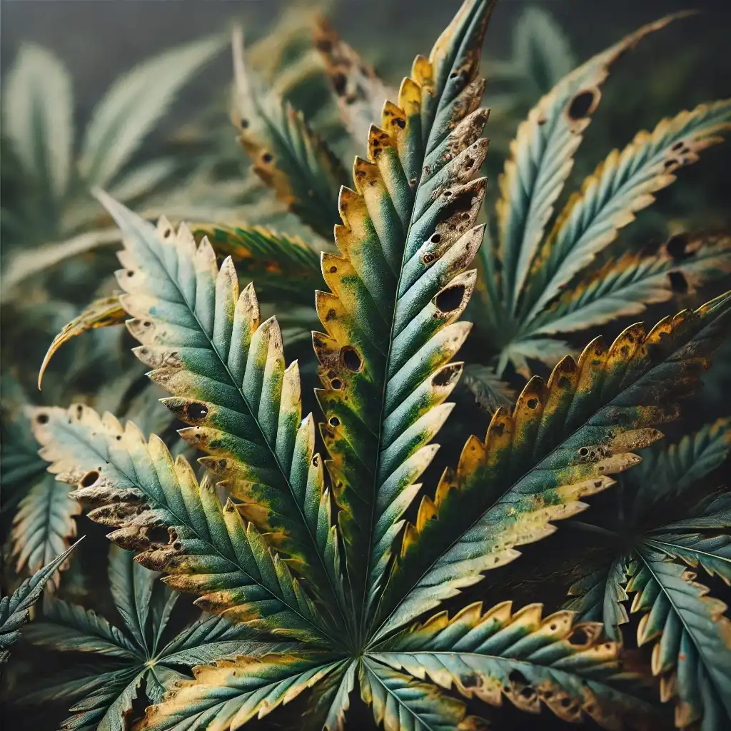 Cannabis Leaf Problems: Close-up of a cannabis leaf showing discoloration, yellowing edges, and holes, indicating nutrient deficiency or pest issues.