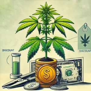 Cannabis plant growing on a stack of coins, symbolizing cheap autoflower seeds, surrounded by dollar bills and discount labels.