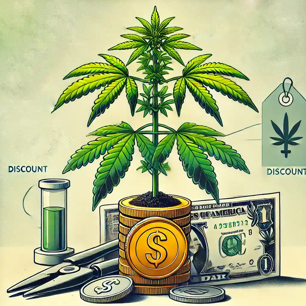 Cannabis plant growing on a stack of coins, symbolizing cheap autoflower seeds, surrounded by dollar bills and discount labels.