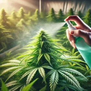 Foliar Feeding Cannabis: Hand spraying nutrient solution on a cannabis plant indoors, enhancing growth with bright green leaves under soft lighting.