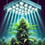 PPFD for autoflowers: Cannabis plant under a powerful LED grow light emitting intense beams, illustrating optimal light levels for autoflower growth.
