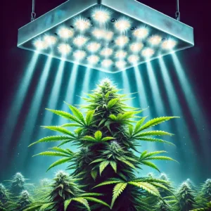 PPFD for autoflowers: Cannabis plant under a powerful LED grow light emitting intense beams, illustrating optimal light levels for autoflower growth.