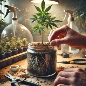 Hand nurturing a cannabis plant in a transparent container, demonstrating the process and tools involved in exploring if you can clone autoflowers.