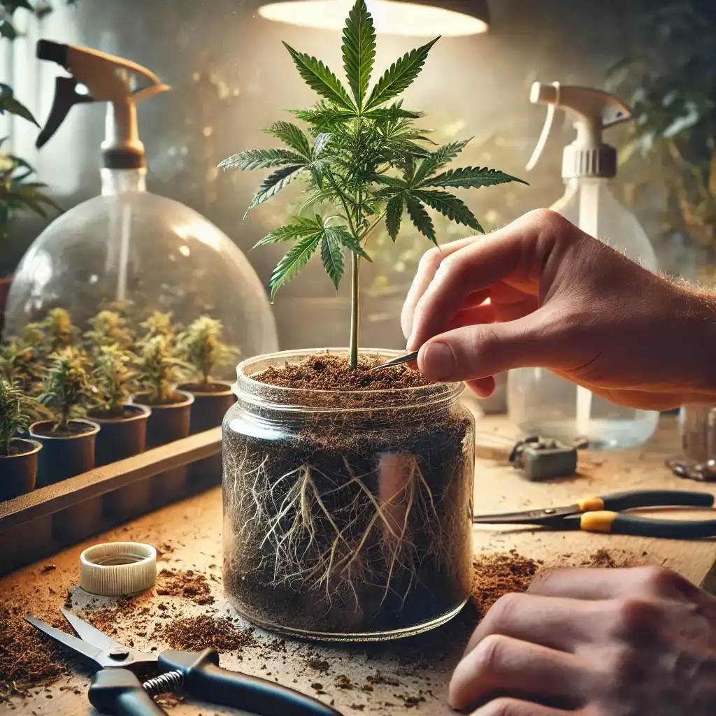 Hand nurturing a cannabis plant in a transparent container, demonstrating the process and tools involved in exploring if you can clone autoflowers.