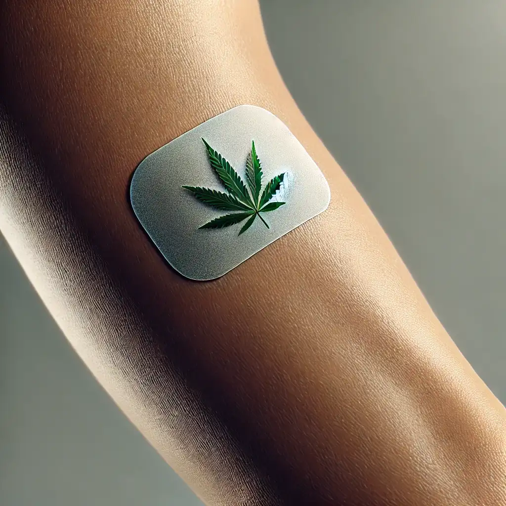 Close-up of a transdermal cannabis patch applied on the arm, featuring a cannabis leaf design, demonstrating discreet and effective cannabis delivery.