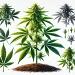 When do autoflowers start flowering: Illustration of an autoflowering cannabis plant with various growth stages and leaf details, showing early bud formation.