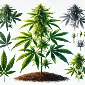 When do autoflowers start flowering: Illustration of an autoflowering cannabis plant with various growth stages and leaf details, showing early bud formation.