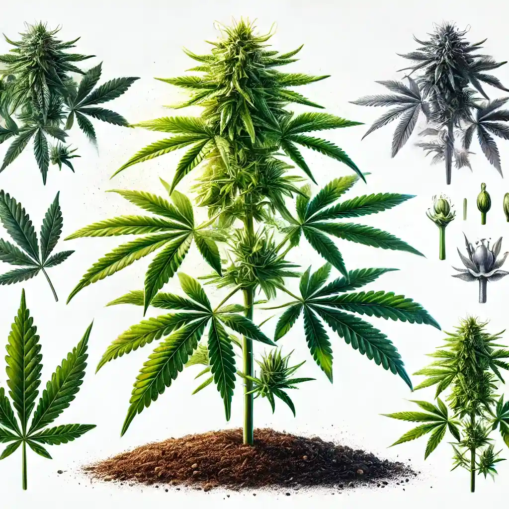 When do autoflowers start flowering: Illustration of an autoflowering cannabis plant with various growth stages and leaf details, showing early bud formation.
