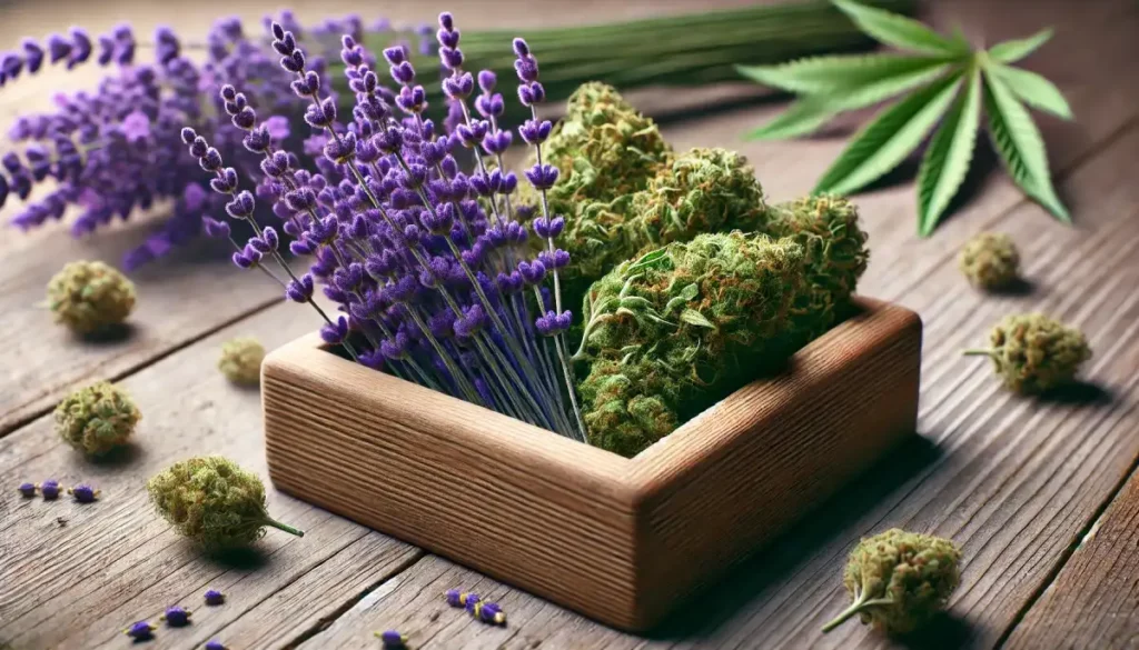 Can you smoke lavender: Wooden box containing cannabis buds and fresh lavender sprigs, highlighting a natural combination for smoking.
