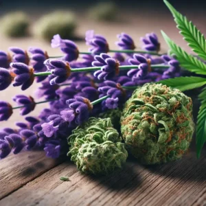 Can you smoke lavender: Close-up of cannabis buds next to fresh lavender flowers and leaves on a wooden surface, showcasing a potential herbal mix.