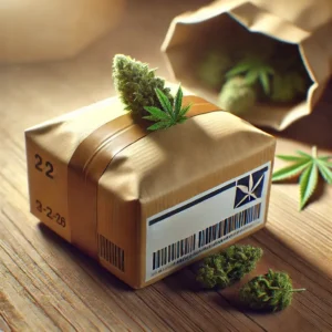 Sending Cannabis per Mail: Brown package with cannabis buds and leaves, prepared for discreet shipping, placed on a wooden surface.
