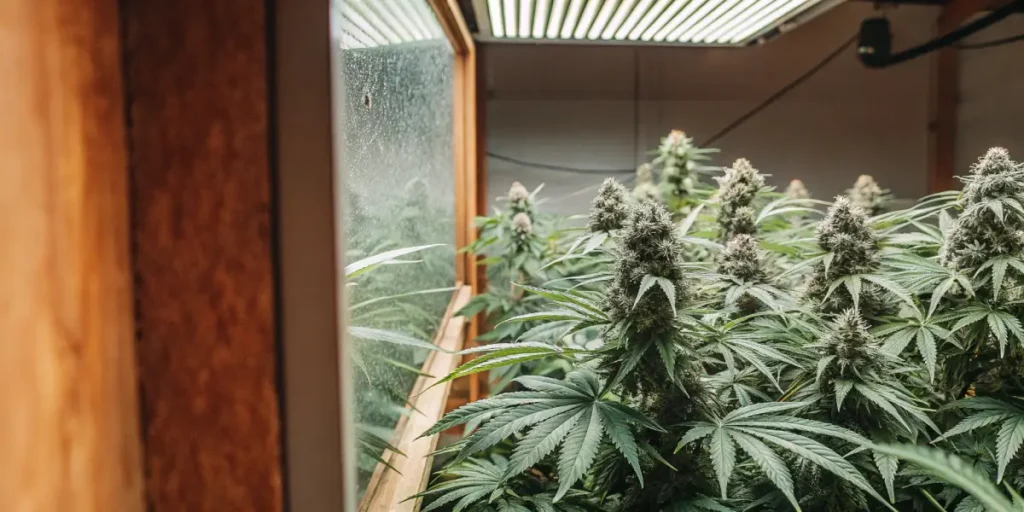 close-up of premium cannabis buds growing indoors under modern lighting
