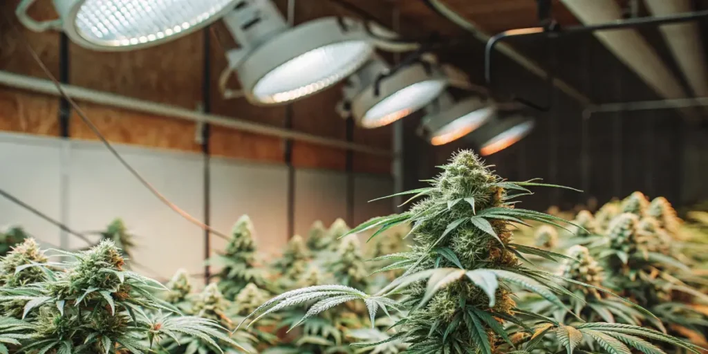 Indoor cannabis grow room with yellow lighting and dense flowering plants.