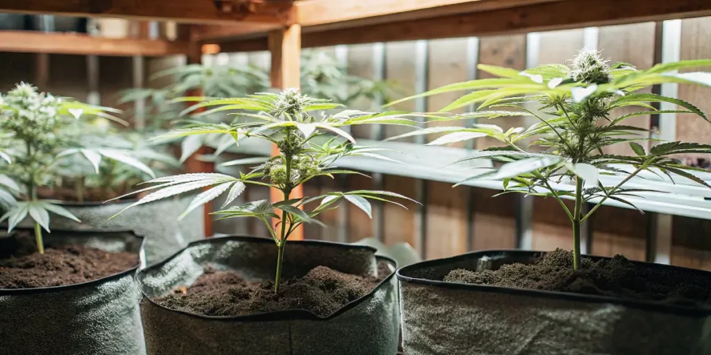 Lush indoor cannabis grow room with multiple mature plants in fabric pots.