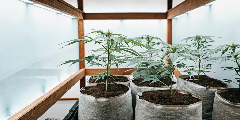 Young cannabis plants growing in fabric pots inside a bright indoor grow room.