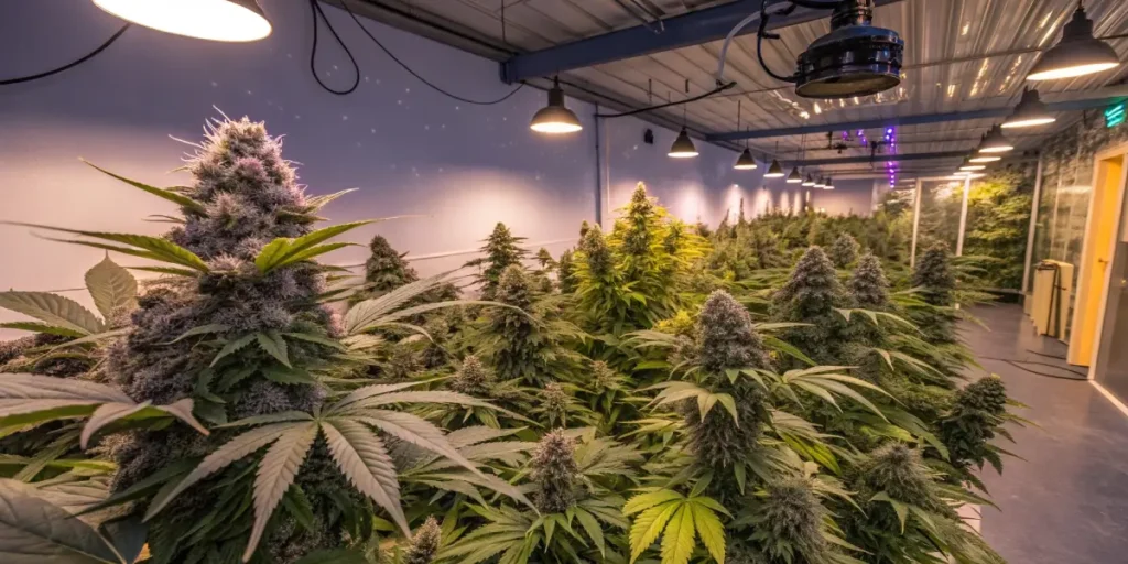 extensive premium indoor cannabis grow room with dense, frosty buds under optimal lighting