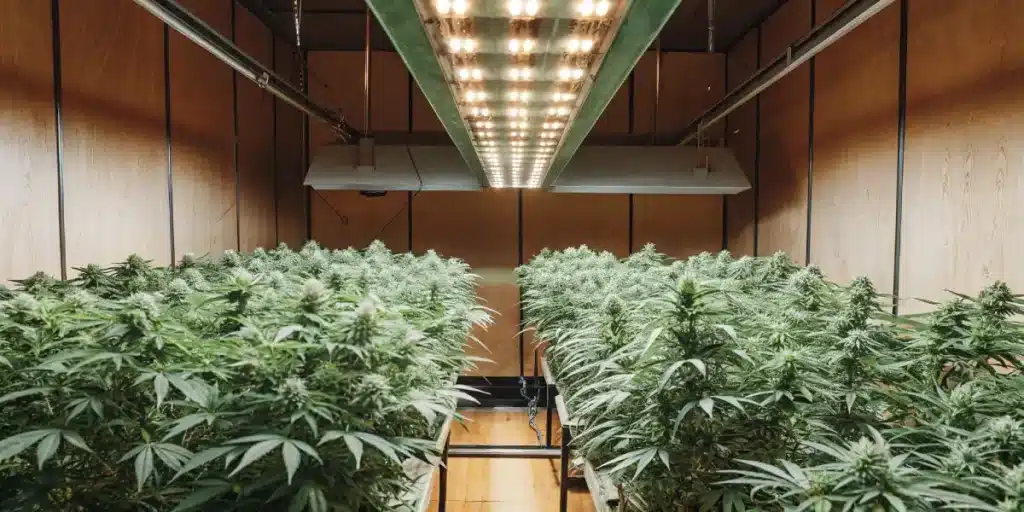 Indoor cannabis plants flourishing under LED grow lights in a wooden-paneled grow room