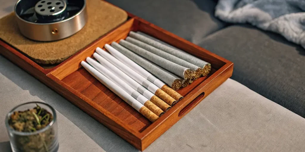 Mixed cannabis pre-rolls with different tips in a wooden box on a cozy surface.