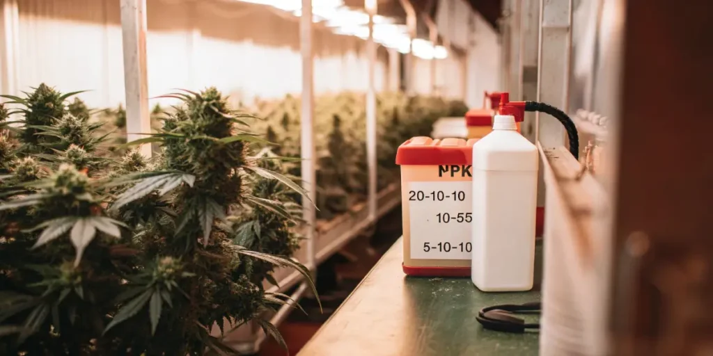 NPK fertilizer system and cannabis plants inside an indoor grow facility