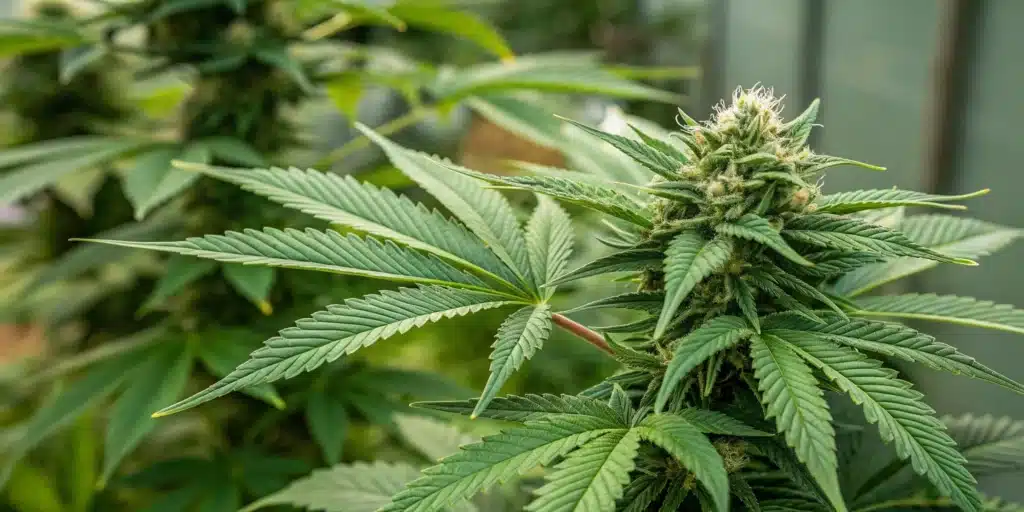 Fully grown cannabis plant with flowering buds and wide green leaves.