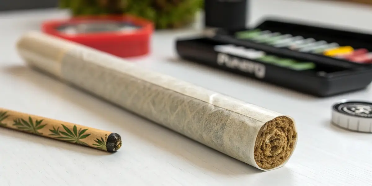 Close-up of a perfectly rolled cannabis joint with visible packed tip.