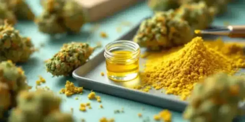 close-up of premium sun rocks with golden THC oil and cannabis buds on tray
