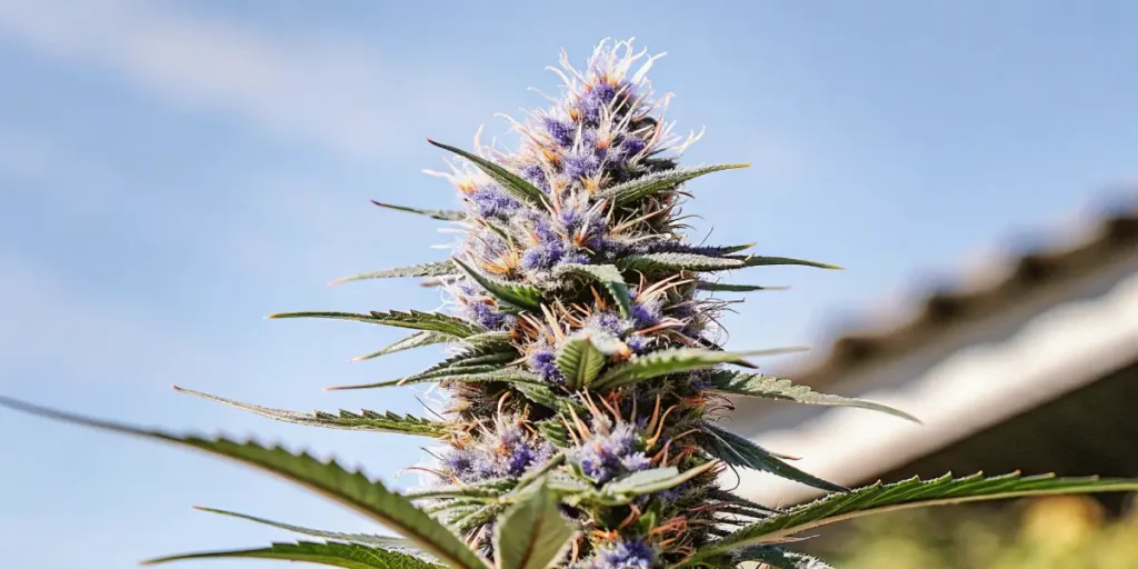 Vibrant purple Thai cannabis bud with bright orange pistils growing outdoors under clear skies.