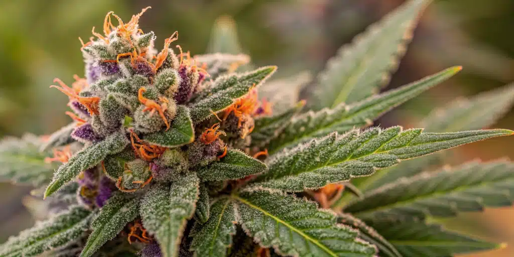 Frosty Steve's Hellfire OG cannabis bud with vibrant orange pistils and purple hues under natural light.